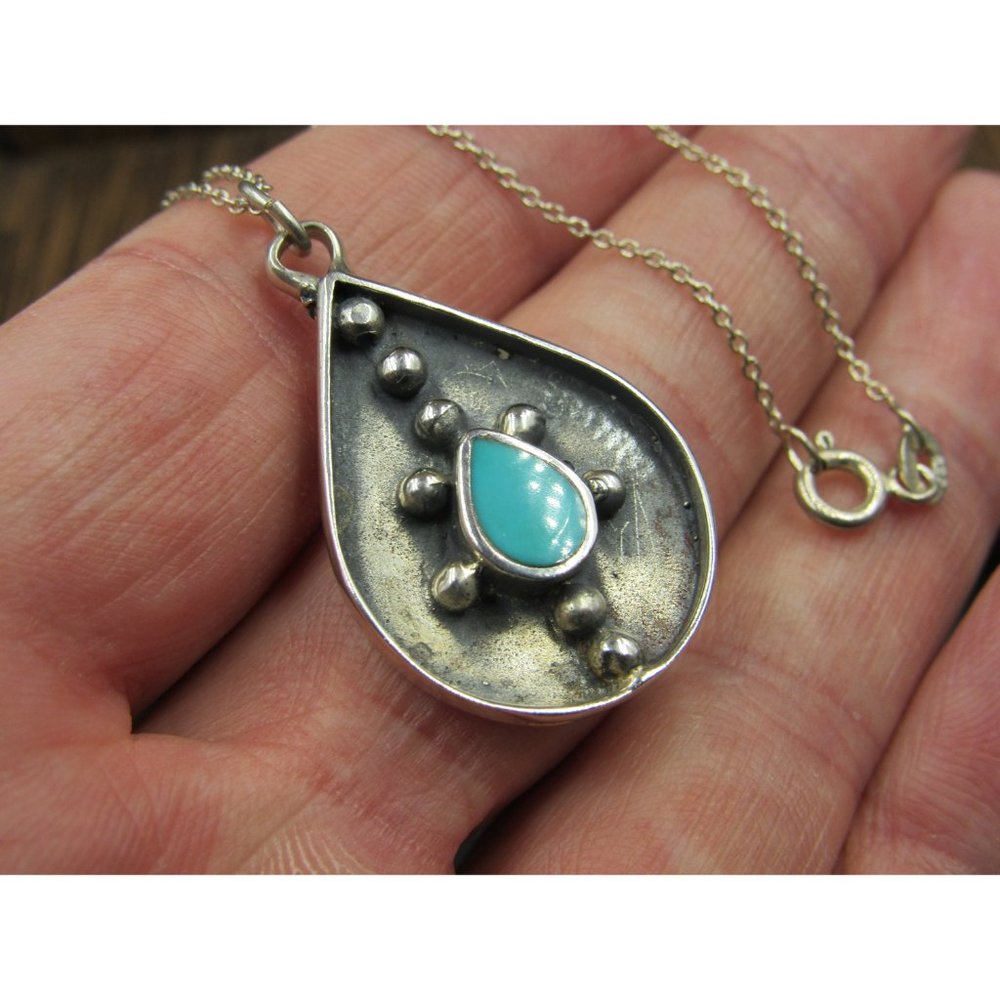 18" Sterling Silver Heavily Tarnished Blue Inlay Pendant Necklace Vintage - Picture 3 of 7
